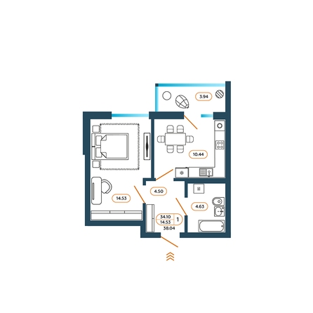 Планировка 1-комн 38,04 м²