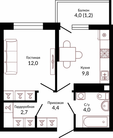Планировка 1-комн 34,1 м²