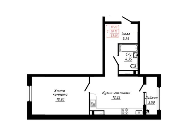 Планировка 1-комн 53,65 м²