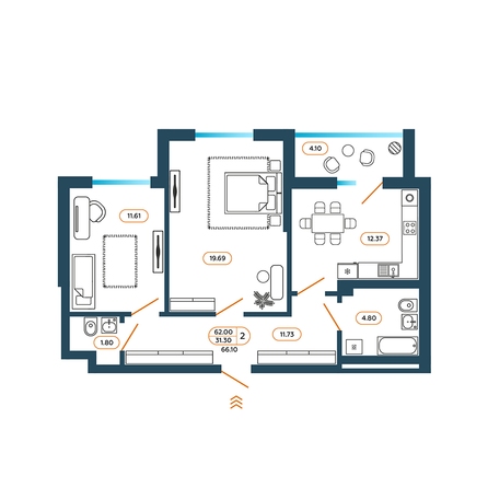 Планировка 2-комн 66,1 м²