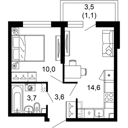 Планировка 1-комн 33 м²