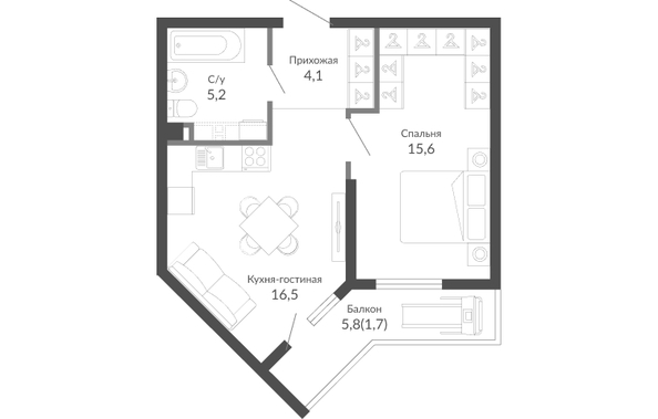 Планировка 1-комн 43,2 м²