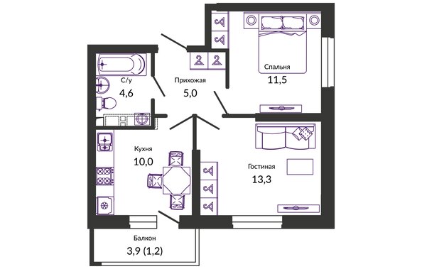 Планировка 2-комн 45,6 м²