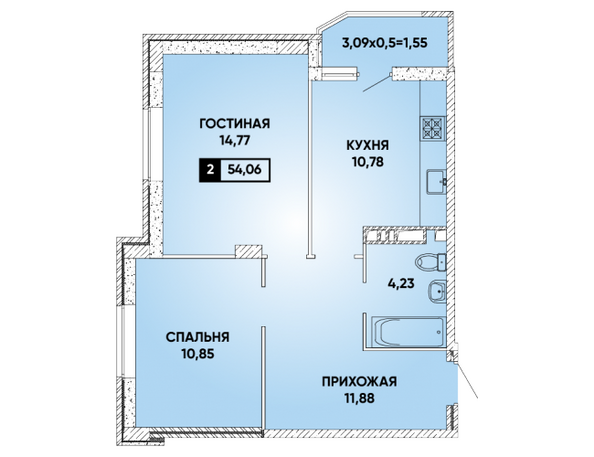 Планировка 2-комн 54,06 м²