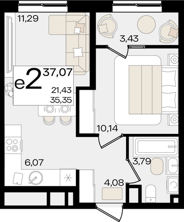 Планировка 2-комн 37,07 м²