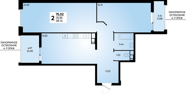 Планировка 2-комн 75,02 м²