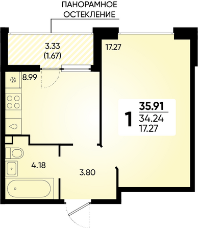 Планировка 1-комн 35,91 м²