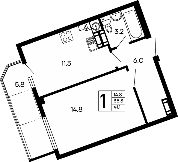 Планировка 1-комн 41,1 м²