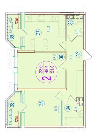 Планировка 2-комн 51,6 м²