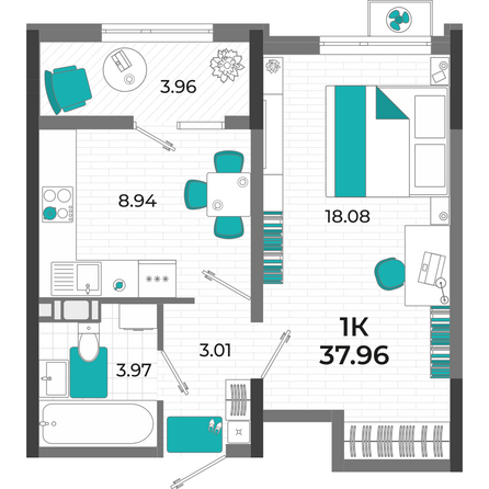 Планировка 1-комн 37,96 м²