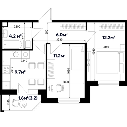 Планировка 2-комн 44,9 м²