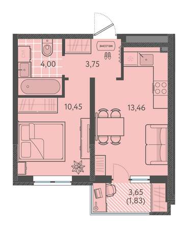 Планировка 1-комн 33,65 - 34,55 м²
