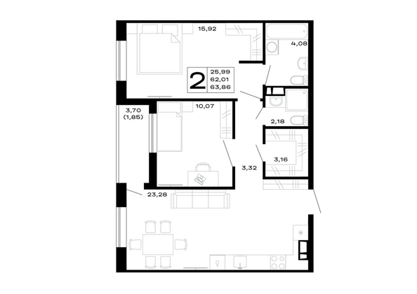 Планировка 2-комн 63,86 м²