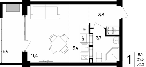 Планировка 1-комн 30,2 м²