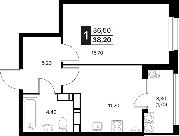 Планировка 1-комн 38,2, 38,6 м²
