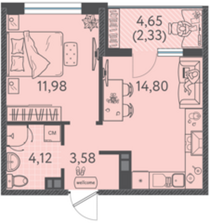 Планировка 1-комн 36,81, 37,08 м²