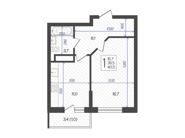 Планировка 1-комн 40,5 м²