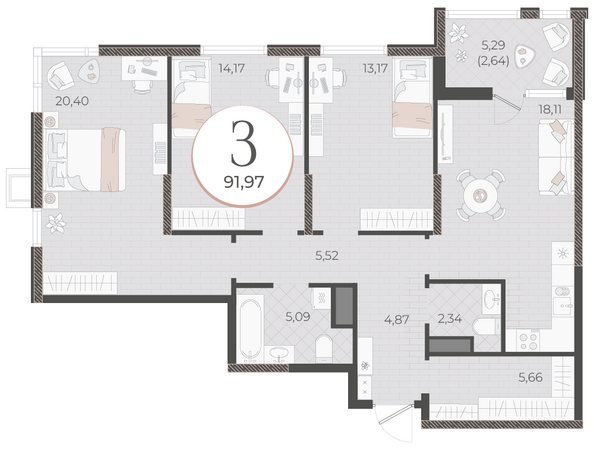 Планировка 3-комн 91,97 м²