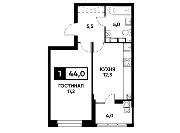 Планировка 1-комн 44 м²