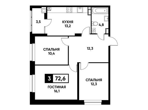 Планировка 3-комн 72,6 м²