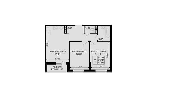 Планировка 2-комн 51,14 - 51,65 м²