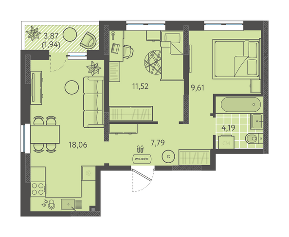 Планировка 2-комн 53,11 м²