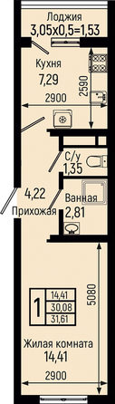 Планировка 1-комн 31,61 м²