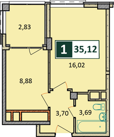 Планировка 1-комн 35,12 м²