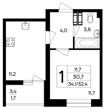 Планировка 1-комн 34,1 м²