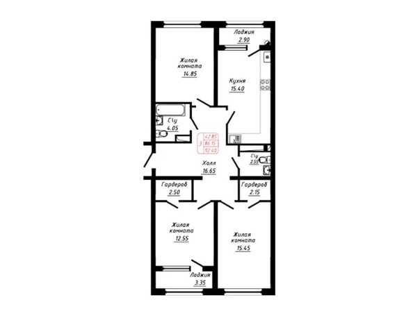 Планировка 3-комн 92,4 м²