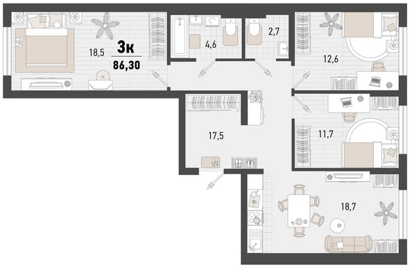 Планировка 3-комн 86,3 м²