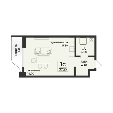 Планировка 1-комн 39,1 м²