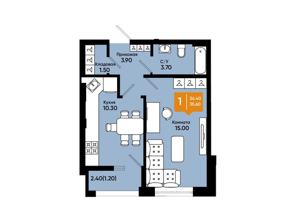 Планировка 1-комн 35,6 м²