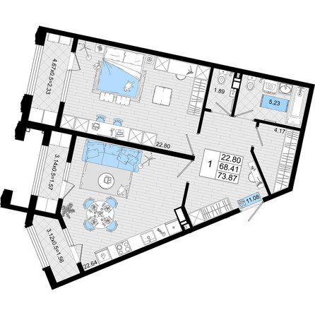 Планировка 1-комн 73,87 м²