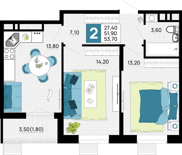 Планировка 2-комн 53,7 м²