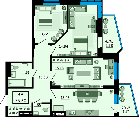 Планировка 3-комн 75,56 - 76,13 м²