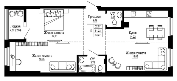 Планировка 3-комн 83,42 м²