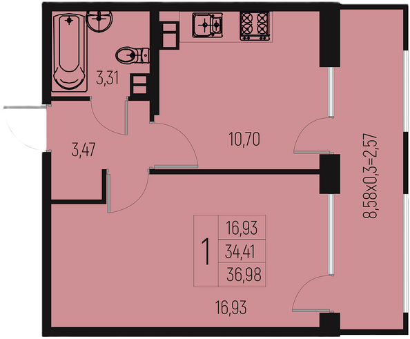 Планировка 1-комн 36,98, 37,45 м²