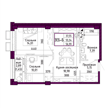 Планировка 3-комн 56,99 м²
