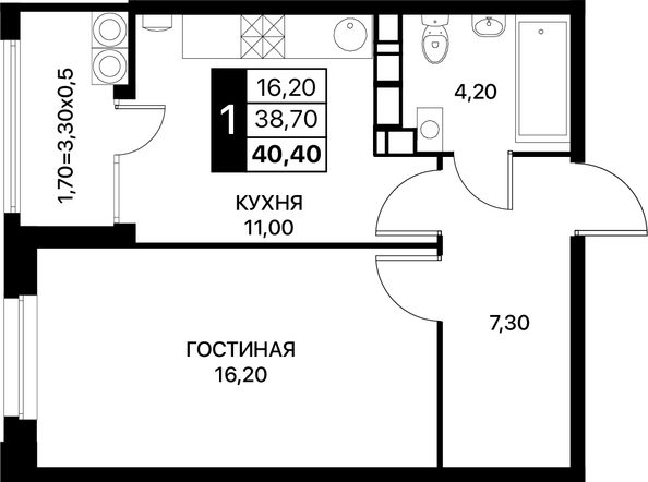 Планировка 1-комн 40,4 - 41,1 м²