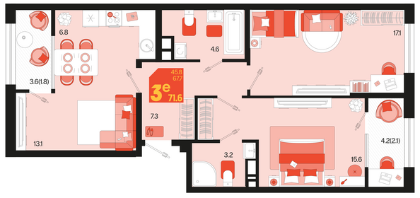 Планировка 3-комн 71,6 м²