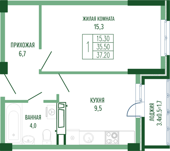 Планировка 1-комн 37,2 м²
