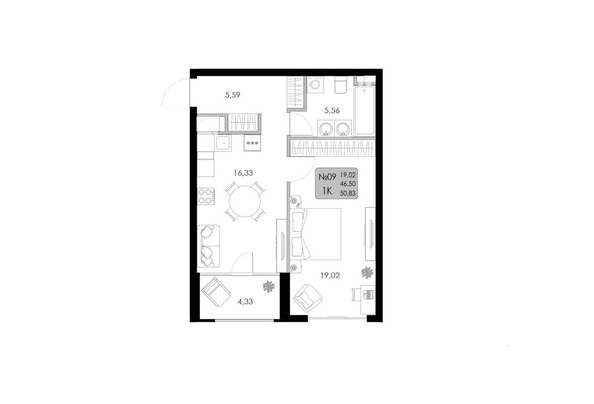 Планировка 1-комн 50,83, 50,91 м²