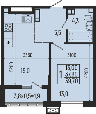 Планировка 1-комн 39,7 м²