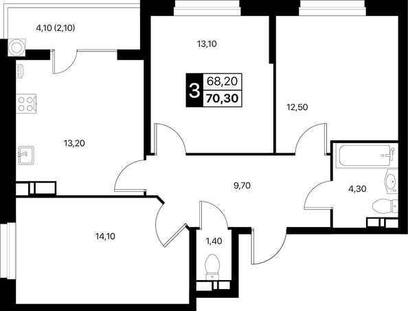 Планировка 3-комн 70,3, 70,7 м²