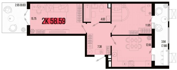 Планировка 2-комн 58,59 м²