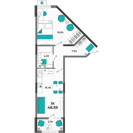 Планировка 1-комн 48,59 м²