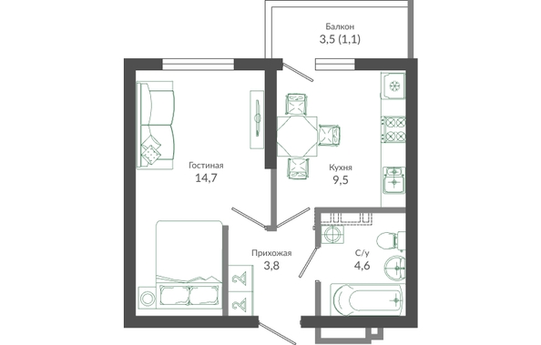 Планировка 1-комн 33,3 - 33,9 м²