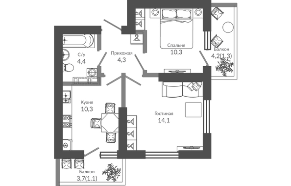 Планировка 2-комн 45,8 м²