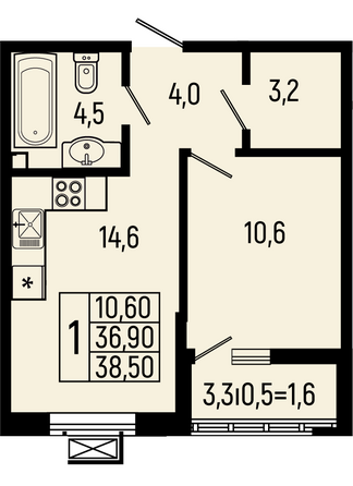 Планировка 1-комн 38,5 м²